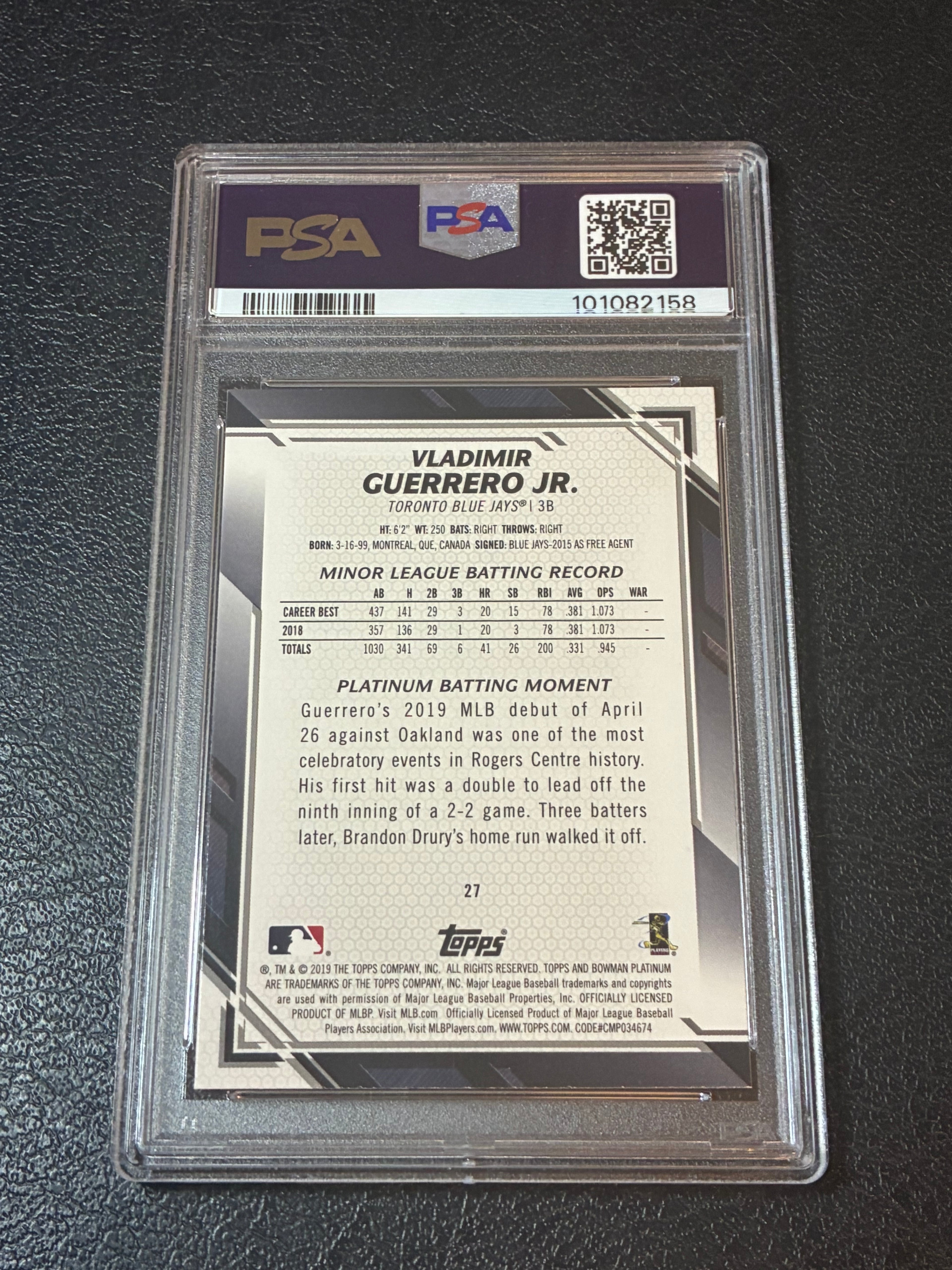 2019 Bowman Platinum - Rookie SP Variation Vladimir Guerrero Jr #27 PSA 8🔥