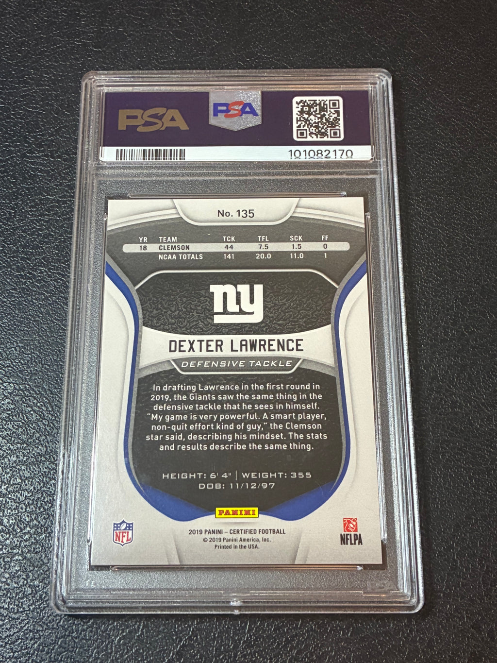 2019 Panini Certified Dexter Lawrence Mirror Teal /35 PSA 9 Pop 1🔥